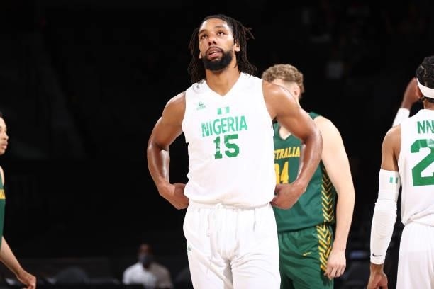 Jahlil Okafor of the Nigeria Men's National Team looks up during the game against the Australia Men's National Team on July 13, 2021 at Michelob...