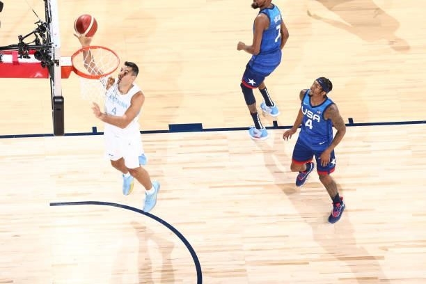 Luis Scola of the Argentina Men's National Team shoots the ball during the game against the USA Men's National Team on July 13, 2021 at Michelob...