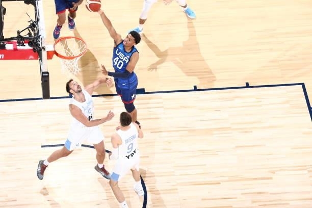 Keldon Johnson of the USA Men's National Team shoots the ball during the game against the Argentina Men's National Team on July 13, 2021 at Michelob...