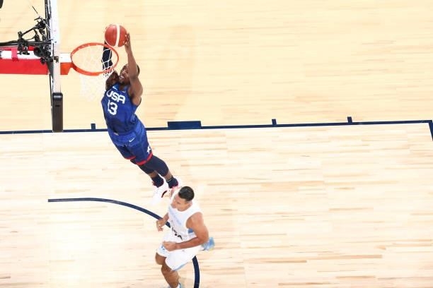 Bam Adebayo of the USA Men's National Team dunks the ball during the game against the Argentina Men's National Team on July 13, 2021 at Michelob...