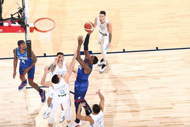 Bam Adebayo of the USA Men's National Team shoots the ball during the game against the Argentina Men's National Team on July 13, 2021 at Michelob...