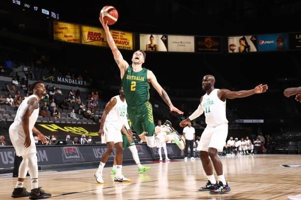 Nathan Sobey of the Australia Men's National Team drives to the basket against the Nigeria Men's National Team on July 13, 2021 at Michelob ULTRA...