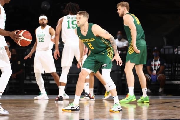 Nathan Sobey of the Australia Men's National Team plays defense against the Nigeria Men's National Team on July 13, 2021 at Michelob ULTRA Arena in...