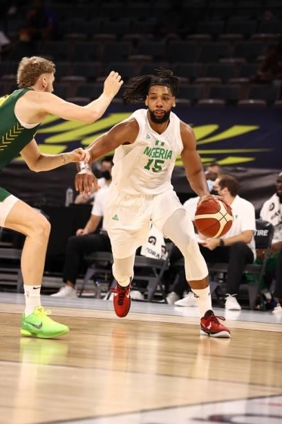 Jahlil Okafor of the Nigeria Men's National Team drives to the basket against the Australia Men's National Team on July 13, 2021 Michelob ULTRA Arena...