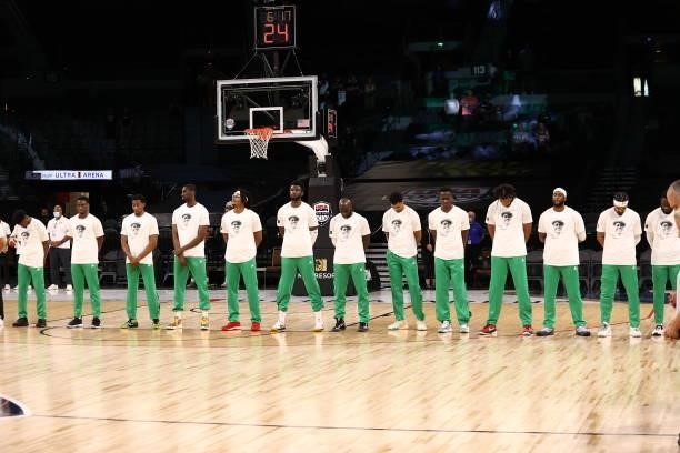 The Nigerian men's national team stand together for the anthem before the game agains the Australian men's national team the Boomers on July 13, 2021...