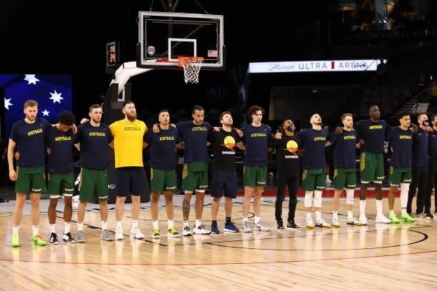 The Australian national team the Boomers stand together for the anthem before the game against the Nigeria Men's national team on July 13, 2021...