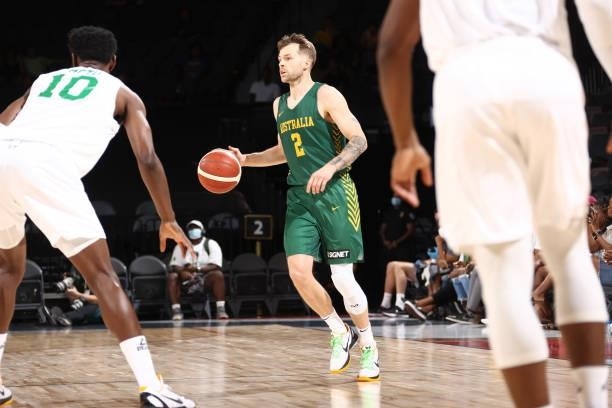 Nathan Sobey of the Australia Men's National Team handles the ball against the Nigeria Men's National Team on July 13, 2021 at Michelob ULTRA Arena...