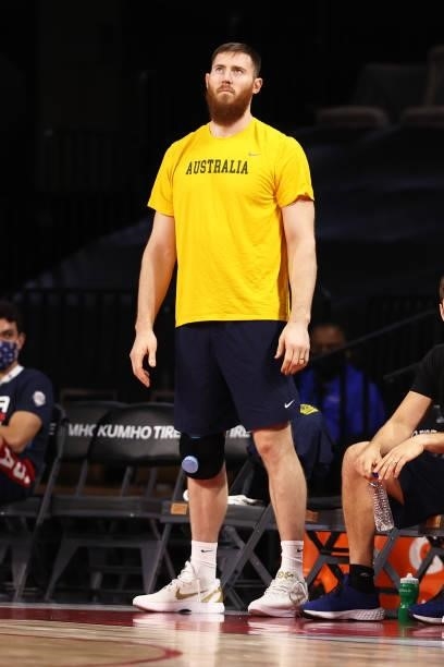 Aron Baynes of the Australia Men's National Team looks on during the game against the Nigeria Men's National Team on July 13, 2021 Michelob ULTRA...