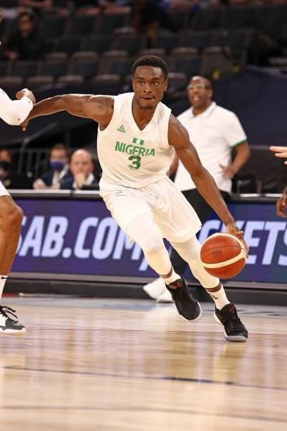 Las Vegas, NV - Calab Agada of the Nigeria Men's National Team dribbles during the game against the Australia Men's National Team JULY 13: on July...