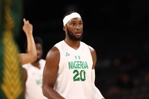 Josh Okogie of the Nigeria Men's National Team looks on during the game against the Australia Men's National Team on July 13, 2021 Michelob ULTRA...