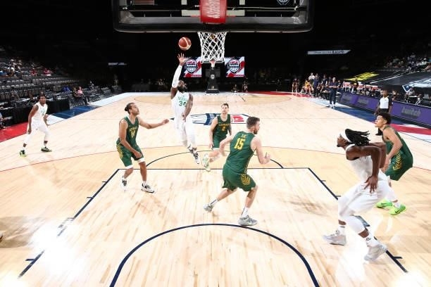 Ike Nwamu of the Nigeria Men's National Team shoots the ball against the Australia Men's National Team on July 13, 2021 at Michelob ULTRA Arena in...