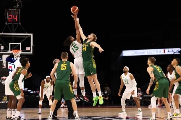 The tip off to start the Nigeria Men's National Team vs. Australia Men's National Team game on July 13, 2021 Michelob ULTRA Arena in Las Vegas,...