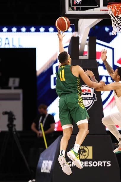 Dante Exum of the Australia Men's National Team shoots the ball against the Nigeria Men's National Team on July 13, 2021 Michelob ULTRA Arena in Las...