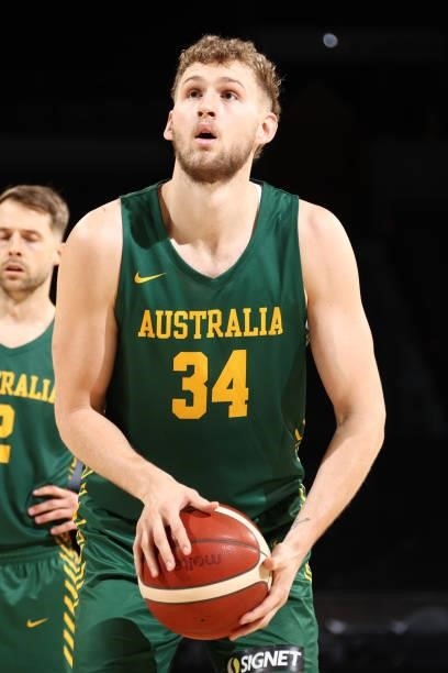 Jock Landale of the Australia Men's National Team shoots a free throw against the Nigeria Men's National Team on July 13, 2021 at Michelob ULTRA...