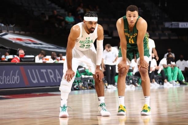Gabe Vincent of the Nigeria Men's National Team and Dante Exum of the Australia Men's National Team look on during the game on July 13, 2021 at...