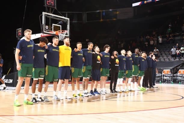 The Australia Men's National Team listens to the national anthem before the game against the Nigeria Men's National Team on July 13, 2021 at Michelob...