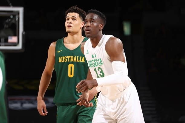 Joshua Benjamin Green of the Australia Men's National Team and Miye Oni of the Nigeria Men's National Team look on during the game on July 13, 2021...