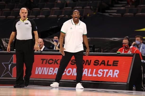 Mike Brown head coach of the Nigeria Men's National Team during the game against the Australia Men's National Team on July 13, 2021 Michelob ULTRA...