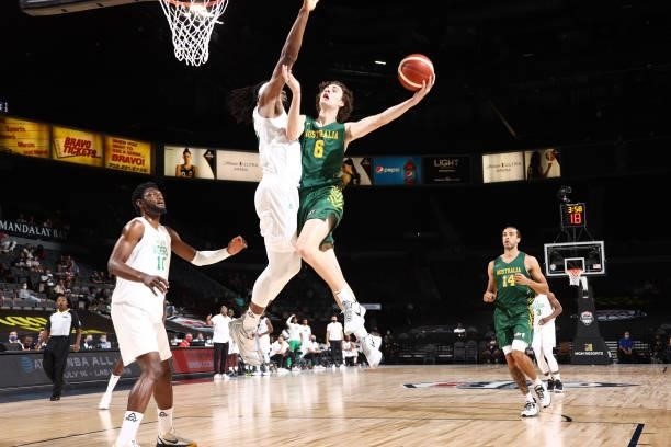 Josh Giddey of the Australia Men's National Team drives to the basket against the Nigeria Men's National Team on July 13, 2021 at Michelob ULTRA...
