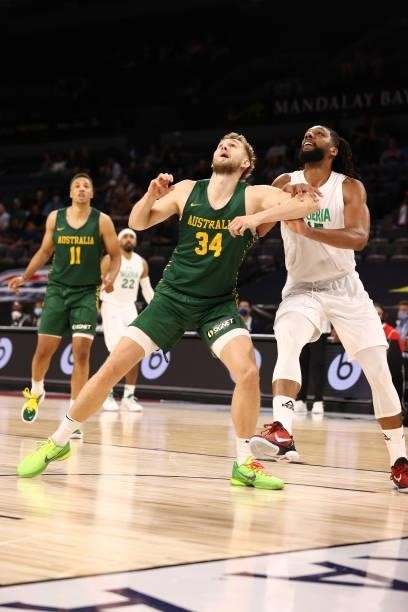 Jock Landale of the Australia Men's National Team fights for rebound against the Nigeria Men's National Team on July 13, 2021 Michelob ULTRA Arena in...