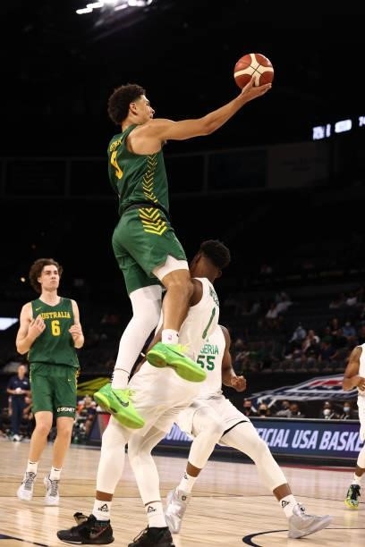 Joshua Benjamin Green of the Australia Men's National Team drives to the basket against the Nigeria Men's National Team on July 13, 2021 Michelob...