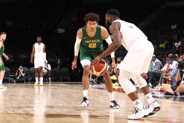 Matisse Thybulle of the Australia Men's National Team plays defense against the Nigeria Men's National Team on July 13, 2021 at Michelob ULTRA Arena...