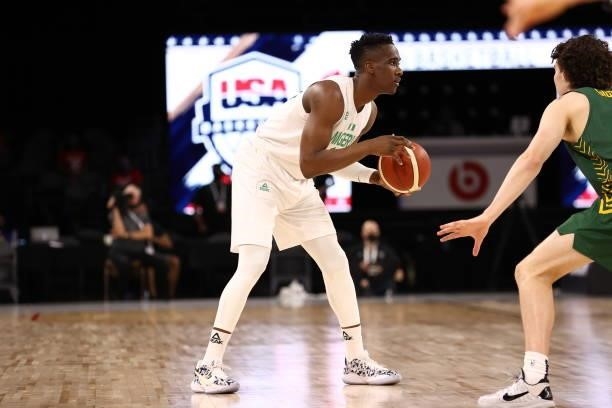Josh Okogie of the Nigeria Men's National Team dribbles during the game against the Australia Men's National Team on July 13, 2021 Michelob ULTRA...