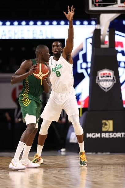 Ekpe Udoh of the Nigeria Men's National Team plays defense against the Australia Men's National Team on July 13, 2021 Michelob ULTRA Arena in Las...