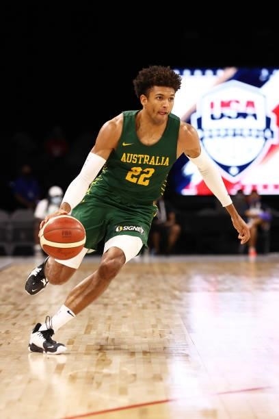 Matisse Thybulle of the Australia Men's National Team dribbles during the game against the Nigeria Men's National Team on July 13, 2021 Michelob...