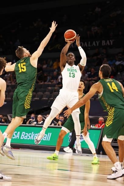 Miye Oni of the Nigeria Men's National Team shoots the ball against the Australia Men's National Team on July 13, 2021 Michelob ULTRA Arena in Las...