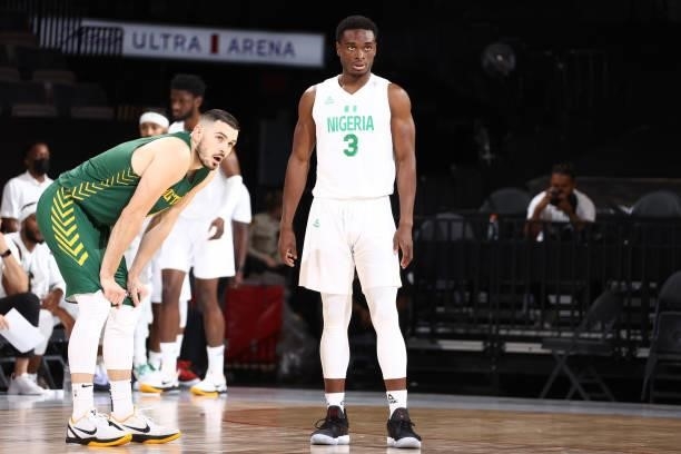 Chris Goulding of the Australia Men's National Team and Calab Agada of the Nigeria Men's National Team look on during the game on July 13, 2021 at...