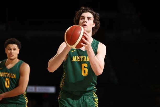 Josh Giddey of the Australia Men's National Team shoots a free throw against the Nigeria Men's National Team on July 13, 2021 at Michelob ULTRA Arena...
