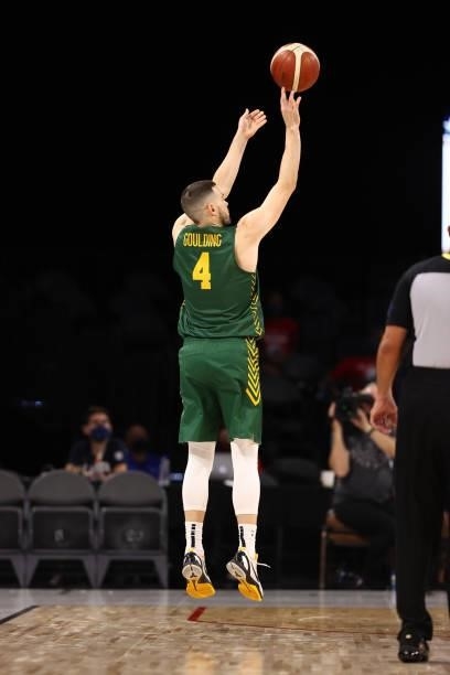 Chris Goulding of the Australia Men's National Team shoots the ball against the Nigeria Men's National Team on July 13, 2021 Michelob ULTRA Arena in...
