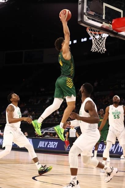 Joshua Benjamin Green of the Australia Men's National Team dunks against the Nigeria Men's National Team on July 13, 2021 Michelob ULTRA Arena in Las...