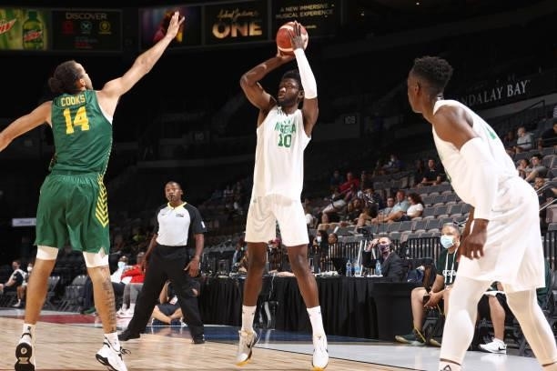 Chimezie Metu of the Nigeria Men's National Team shoots the ball against the Australia Men's National Team on July 13, 2021 at Michelob ULTRA Arena...