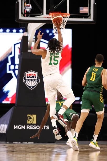 Jahlil Okafor of the Nigeria Men's National Team shoots the ball against the Australia Men's National Team on July 13, 2021 Michelob ULTRA Arena in...