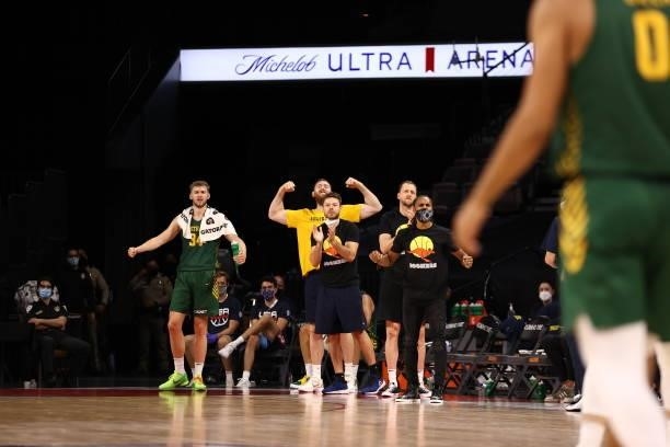 The Australia Men's National Team bench celebrates during the game against the Nigeria Men's National Team on July 13, 2021 Michelob ULTRA Arena in...