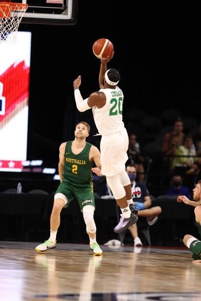 Jahlil Okafor of the Nigeria Men's National Team shoots the ball against the Australia Men's National Team on July 13, 2021 Michelob ULTRA Arena in...