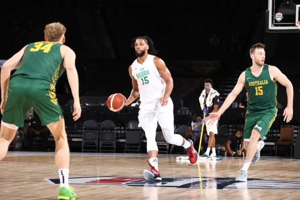 Jahlil Okafor of the Nigeria Men's National Team dribbles the ball against the Australia Men's National Team on July 13, 2021 at Michelob ULTRA Arena...
