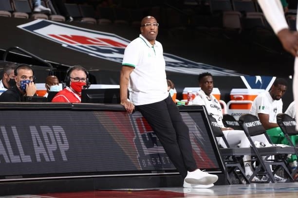 Head Coach Mike Brown of the Nigeria Men's National Team looks on during the game against the Australia Men's National Team on July 13, 2021 at...