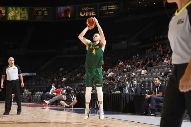 Chris Goulding of the Australia Men's National Team shoots the ball against the Nigeria Men's National Team on July 13, 2021 at Michelob ULTRA Arena...