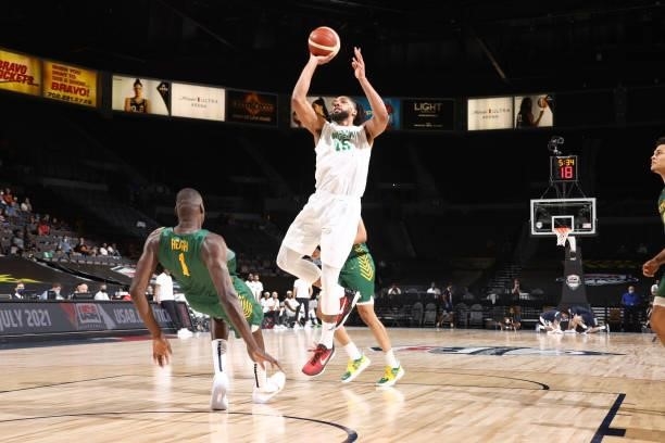 Jahlil Okafor of the Nigeria Men's National Team drives to the basket against the Australia Men's National Team on July 13, 2021 at Michelob ULTRA...