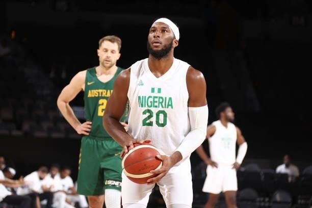 Josh Okogie of the Nigeria Men's National Team shoots a free throw against the Australia Men's National Team on July 13, 2021 at Michelob ULTRA Arena...
