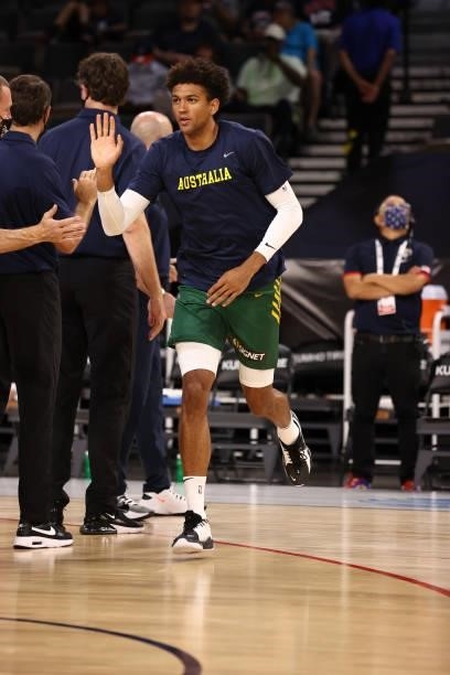 Matisse Thybulle of the Australia Men's National Team warms up before the game against the Nigeria Men's National Team on July 13, 2021 Michelob...