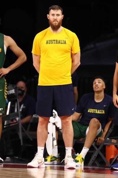 Aron Baynes of the Australia Men's National Team looks on during the game against the Nigeria Men's National Team on July 13, 2021 Michelob ULTRA...