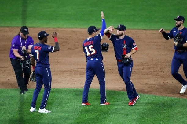 The American League Team celebrates winning the 91st MLB All-Star Game presented by Mastercard at Coors Field on Tuesday, July 13, 2021 in Denver,...