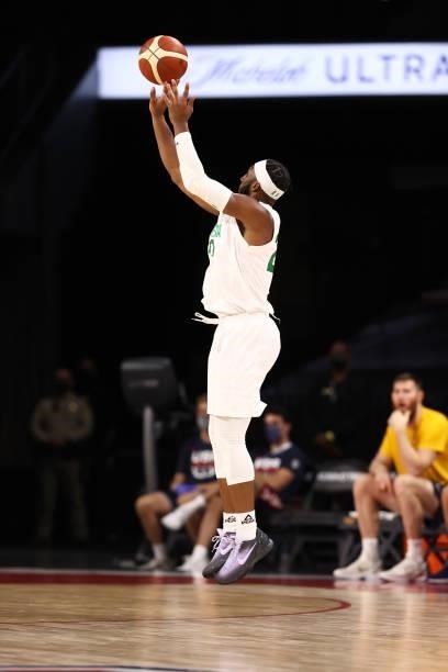 Josh Okogie of the Nigeria Men's National Team shoots the ball against the Australia Men's National Team on July 13, 2021 Michelob ULTRA Arena in Las...