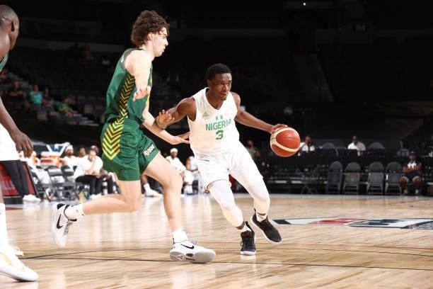 Calab Agada of the Nigeria Men's National Team drives to the basket against the Australia Men's National Team on July 13, 2021 at Michelob ULTRA...