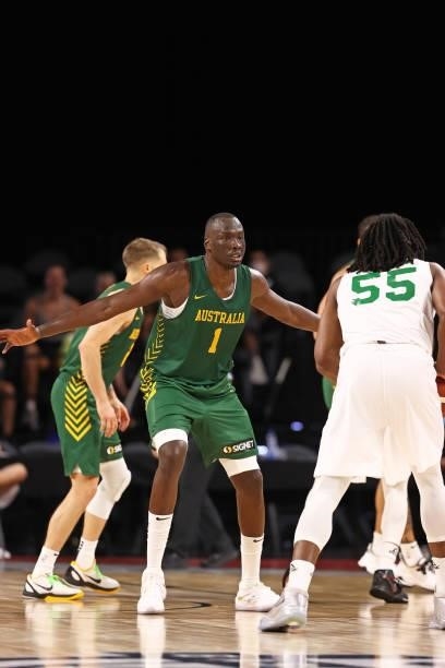 Duop Thomas Reath of the Australia Men's National Team plays defense against the Nigeria Men's National Team on July 13, 2021 Michelob ULTRA Arena in...