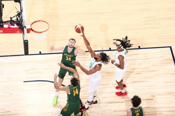 Jahlil Okafor of the Nigeria Men's National Team shoots the ball against the Australia Men's National Team on July 13, 2021 at Michelob ULTRA Arena...